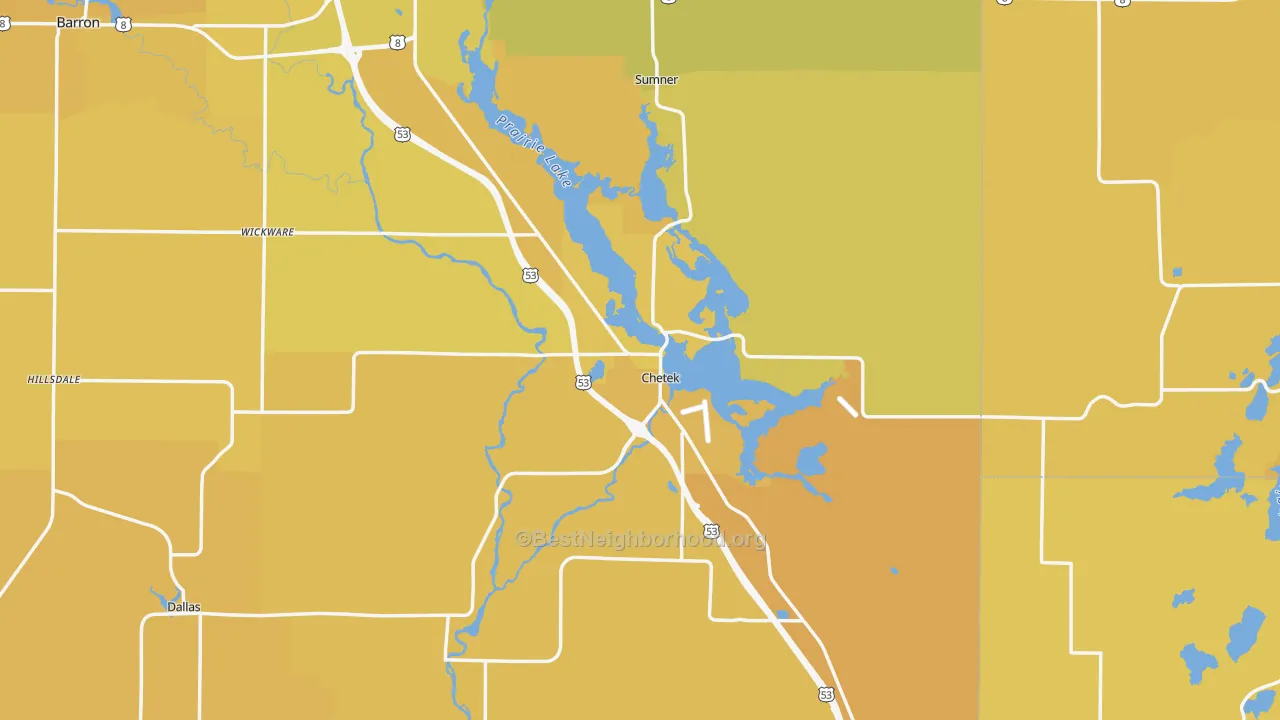 Map of the best neighborhoods in the Chetek area, with better matches in green and worse matches in red