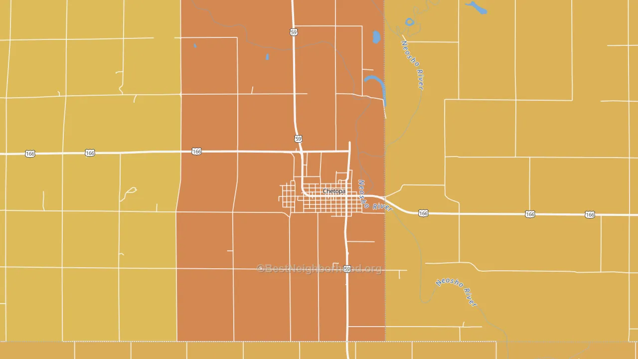 Map of the best neighborhoods in the Chetopa area, with better matches in green and worse matches in red
