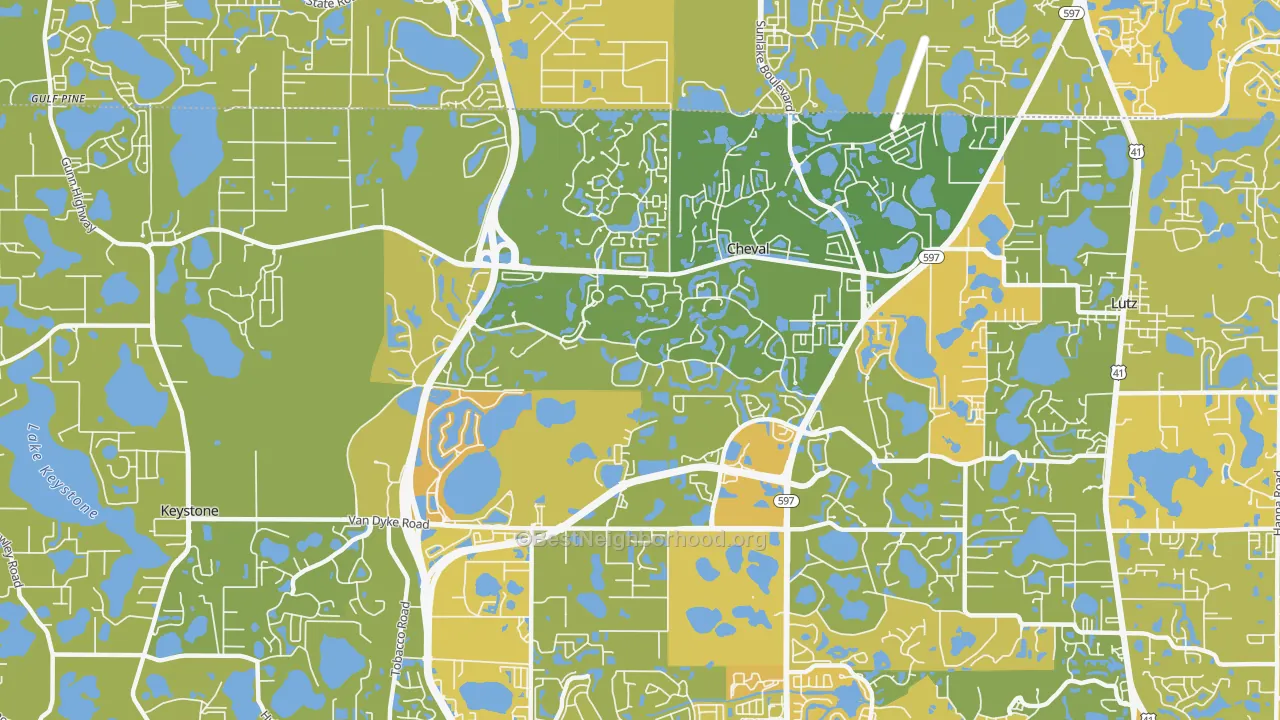 Map of the best neighborhoods in the Cheval area, with better matches in green and worse matches in red