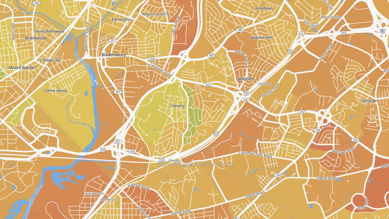 Map of the best neighborhoods in the Cheverly area, with better matches in green and worse matches in red