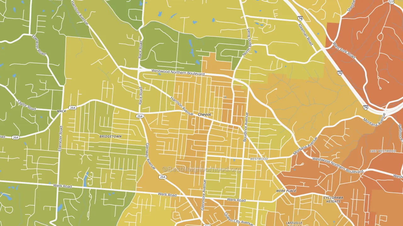 Map of the best neighborhoods in the Cheviot area, with better matches in green and worse matches in red