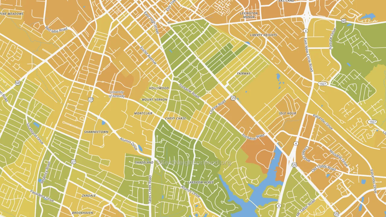 Map of the best neighborhoods in the Chevy Chase-Ashland Park, Lexington area, with better matches in green and worse matches in red