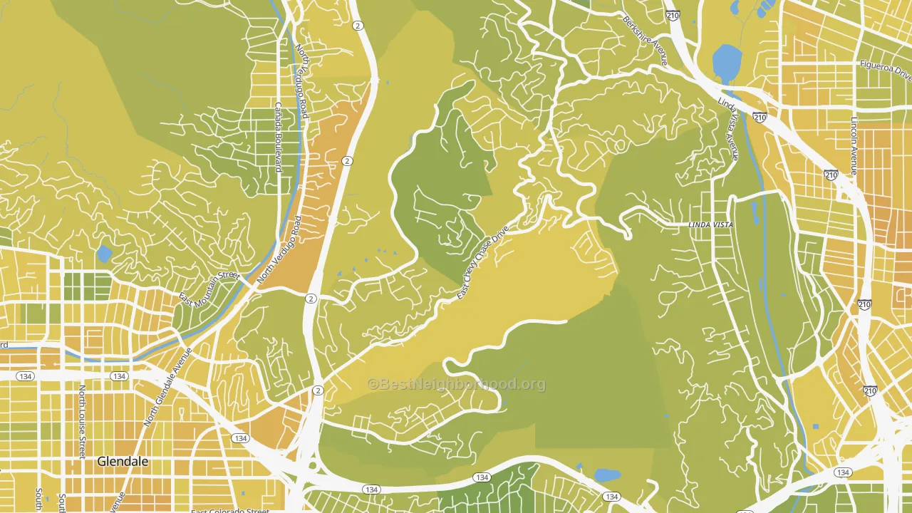 Map of the best neighborhoods in the Chevy Chase, Glendale area, with better matches in green and worse matches in red