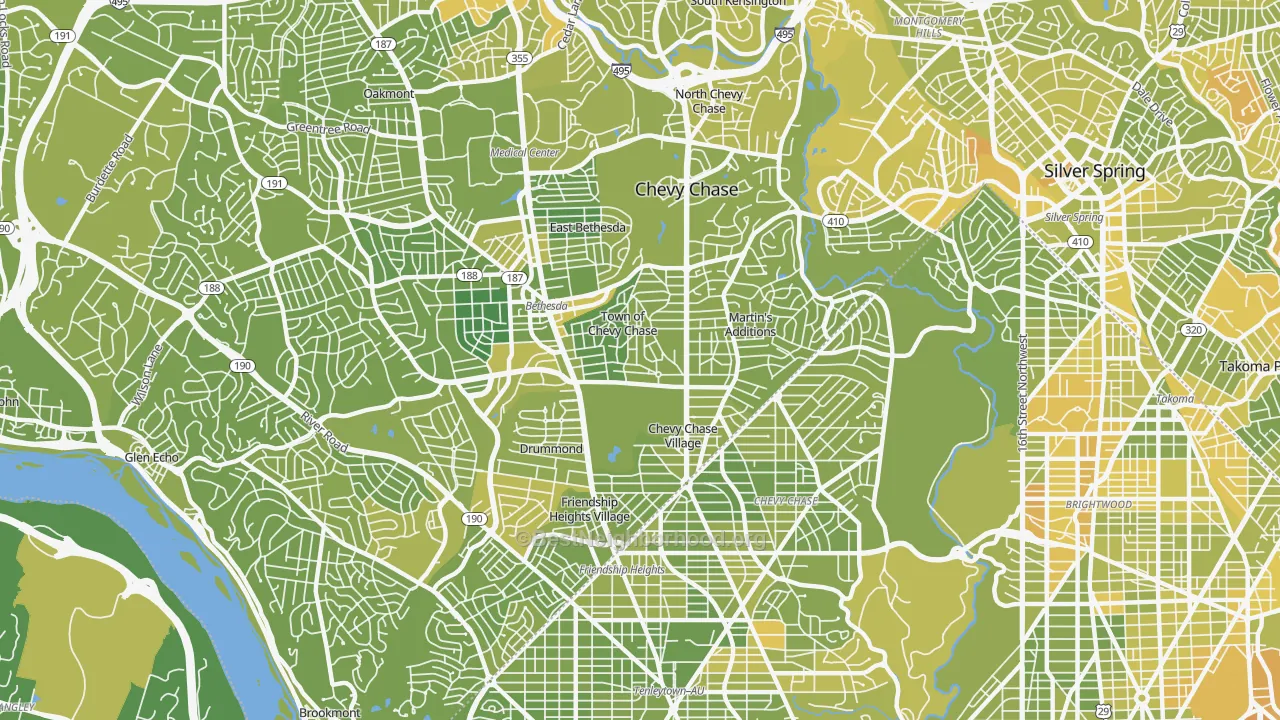 Map of the best neighborhoods in the Chevy Chase area, with better matches in green and worse matches in red
