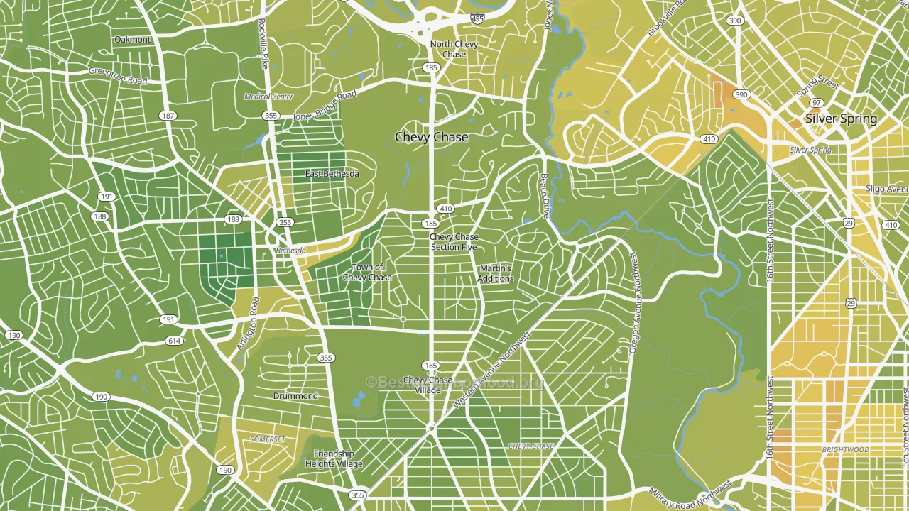 Map of the best neighborhoods in the Chevy Chase Section Five area, with better matches in green and worse matches in red