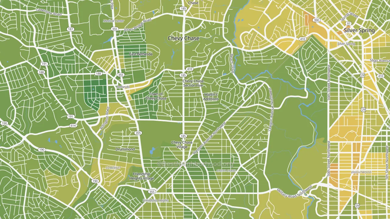 Map of the best neighborhoods in the Chevy Chase Section Three area, with better matches in green and worse matches in red