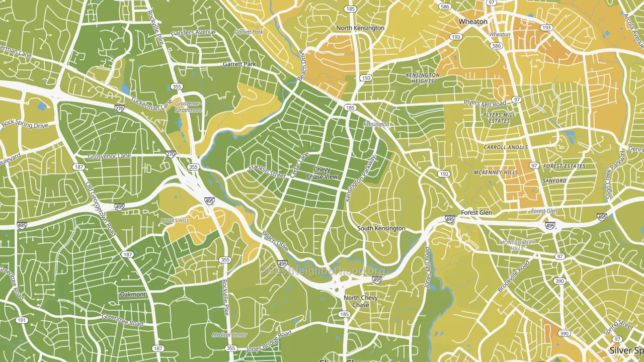 Map of the best neighborhoods in the Chevy Chase View area, with better matches in green and worse matches in red