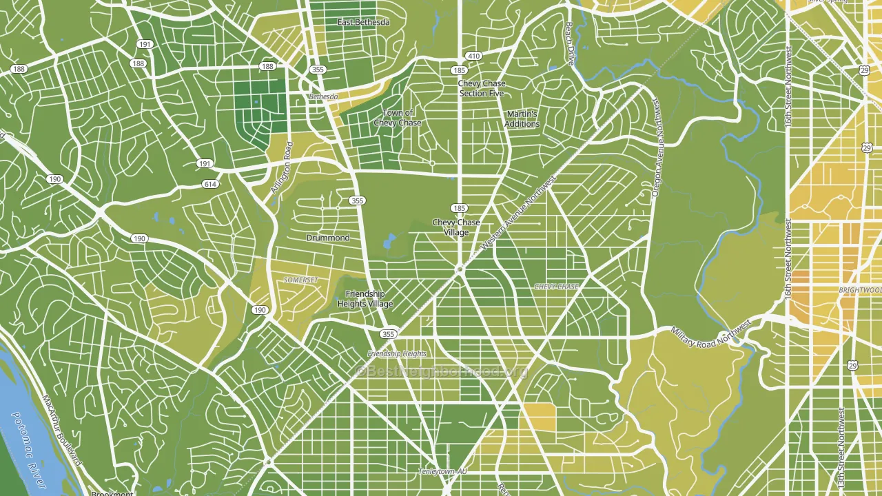 Map of the best neighborhoods in the Chevy Chase Village area, with better matches in green and worse matches in red