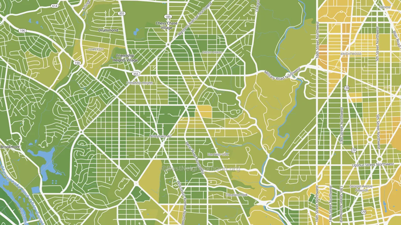 Map of the best neighborhoods in the Chevy Chase, Washington area, with better matches in green and worse matches in red