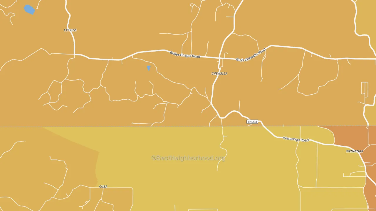 Map of the best neighborhoods in the Chewalla area, with better matches in green and worse matches in red