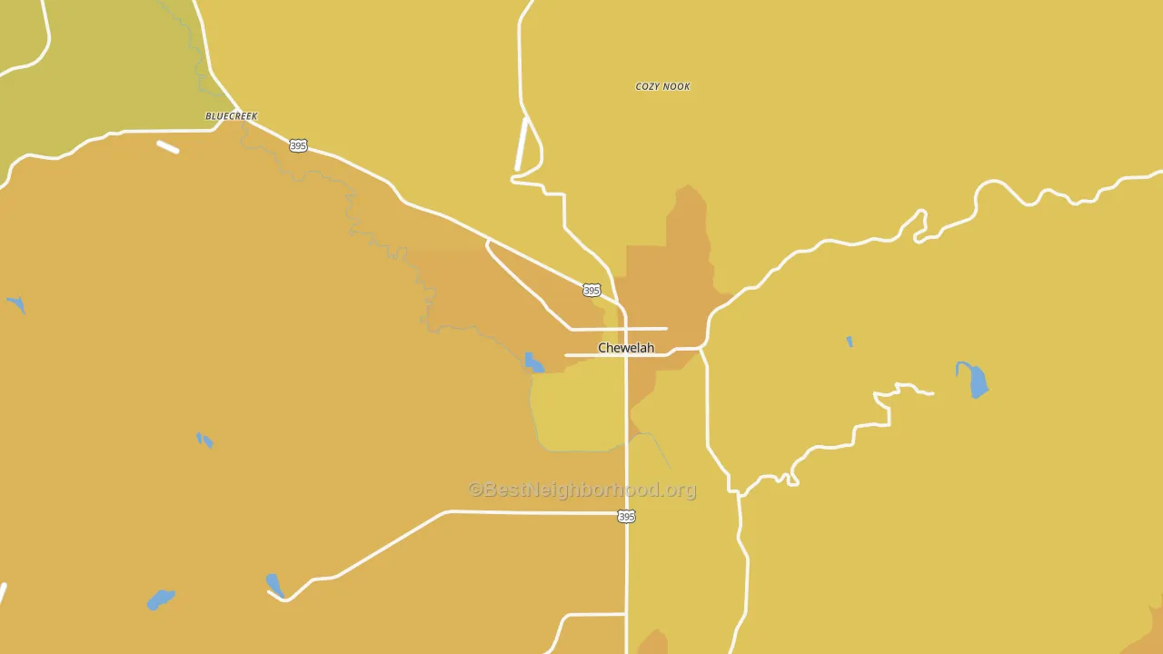Map of the best neighborhoods in the Chewelah area, with better matches in green and worse matches in red