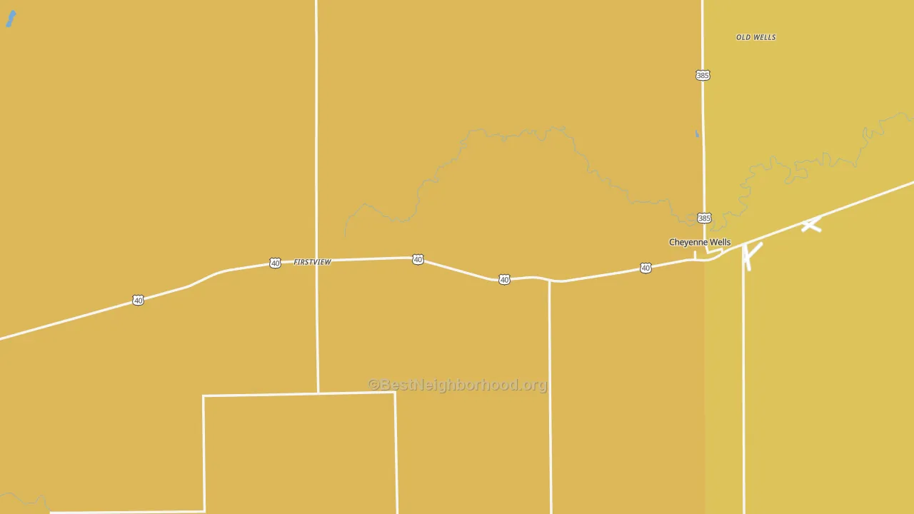 Map of the best neighborhoods in the Cheyenne County area, with better matches in green and worse matches in red