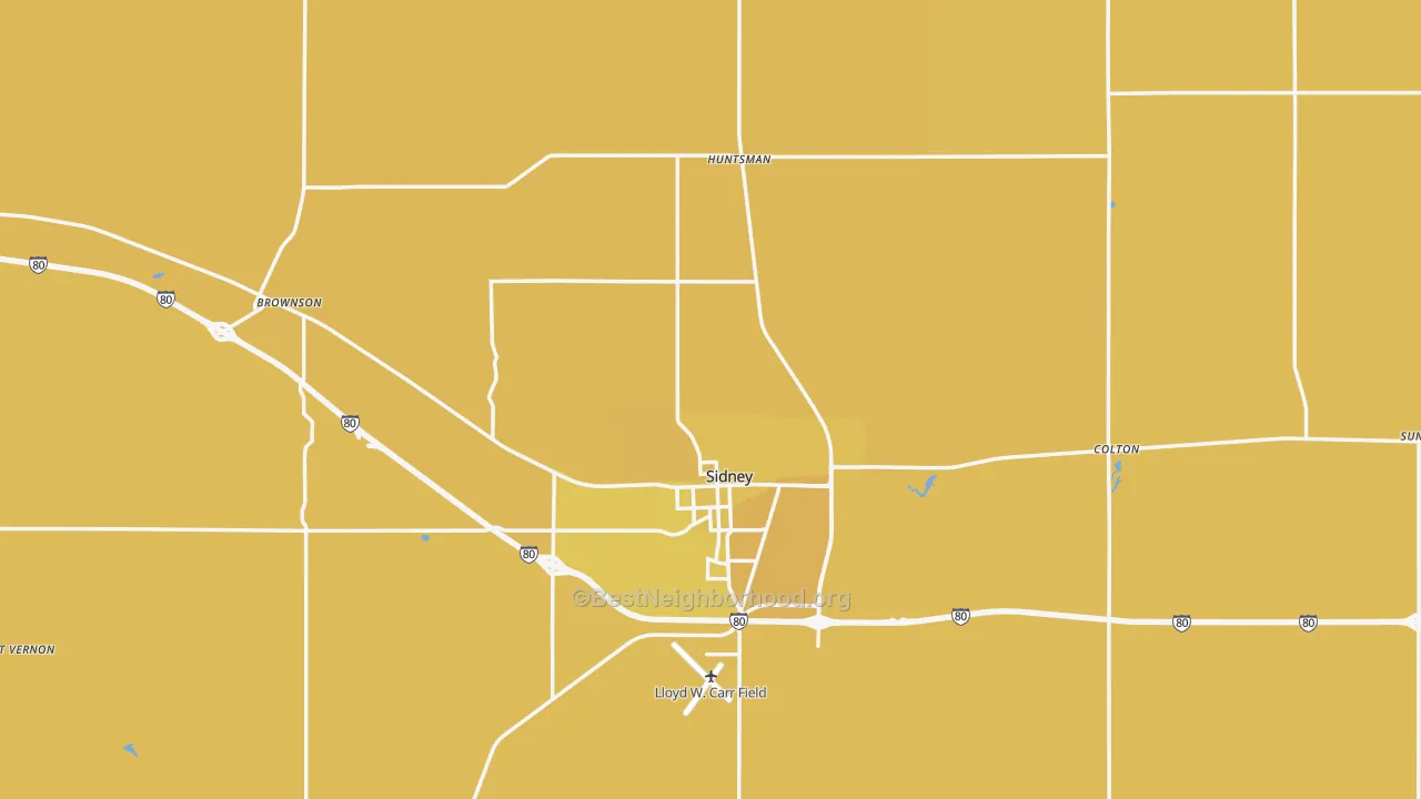 Map of the best neighborhoods in the Cheyenne County area, with better matches in green and worse matches in red