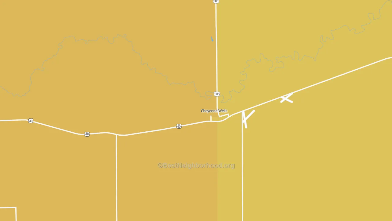 Map of the best neighborhoods in the Cheyenne Wells area, with better matches in green and worse matches in red