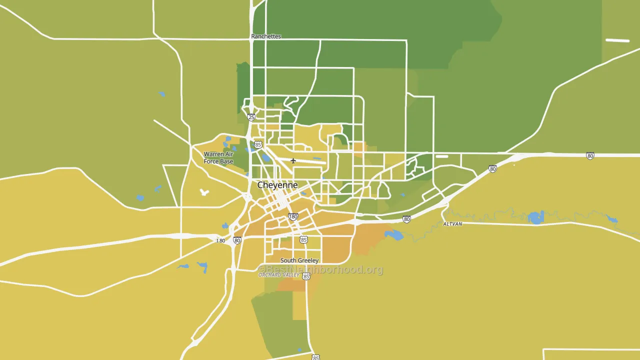 Map of the best neighborhoods in the Cheyenne Metro area, with better matches in green and worse matches in red