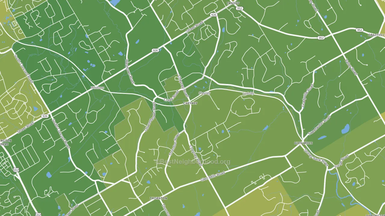 Map of the best neighborhoods in the Cheyney area, with better matches in green and worse matches in red