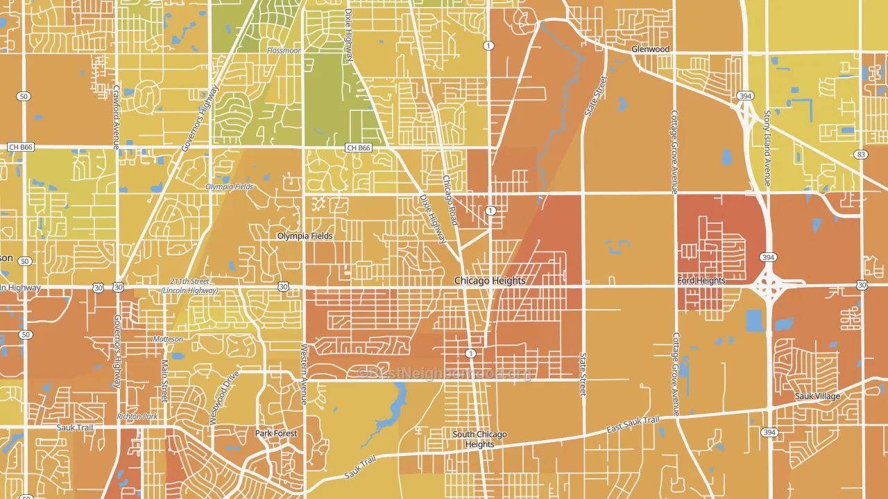 Map of the best neighborhoods in the Chicago Heights area, with better matches in green and worse matches in red