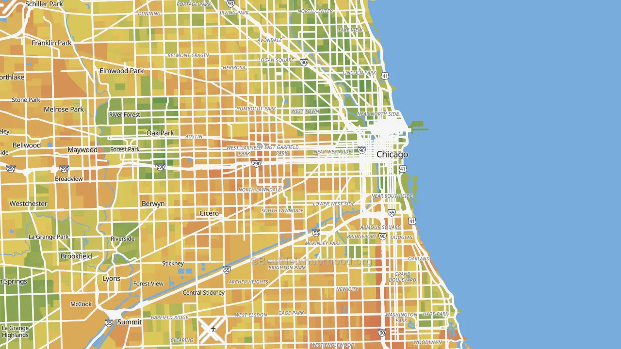 Neighborhood map of Chicago, showing green on the North Side and lakefront and red through the West and South Sides