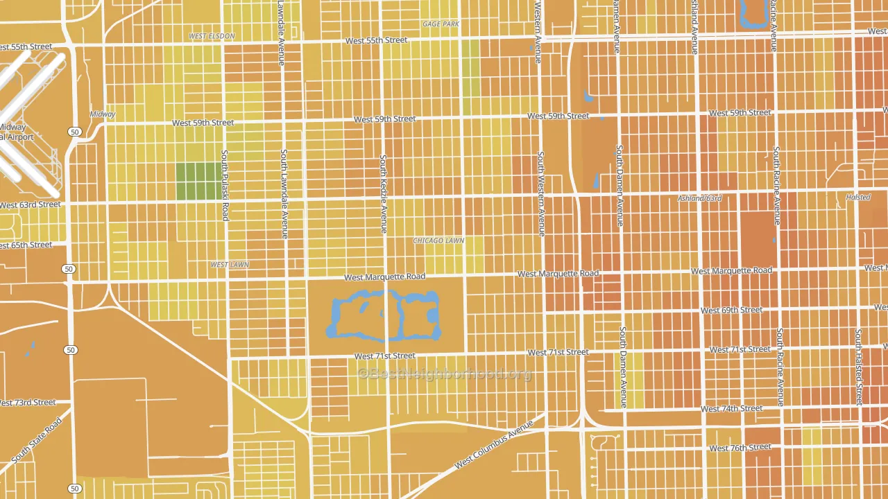 Map of the best neighborhoods in the Chicago Lawn, Chicago area, with better matches in green and worse matches in red