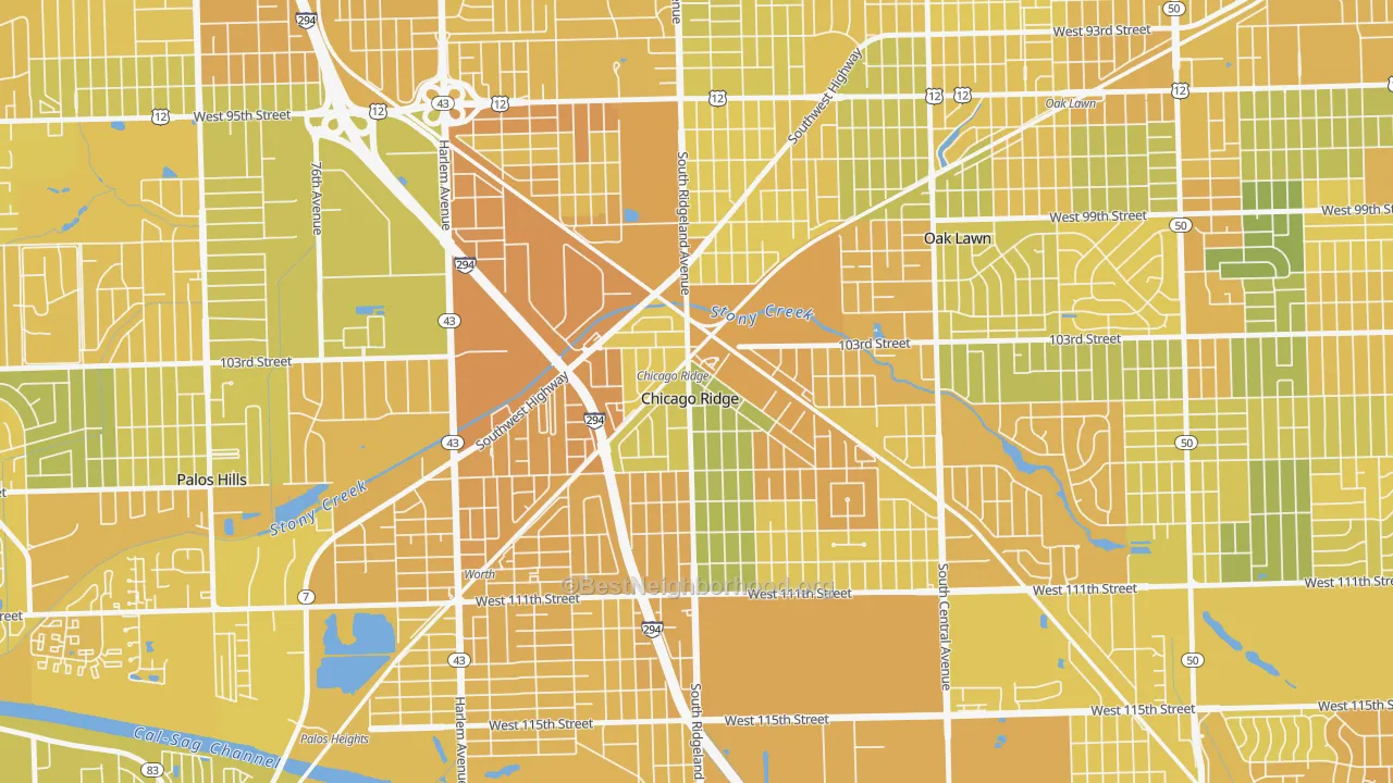 Map of the best neighborhoods in the Chicago Ridge area, with better matches in green and worse matches in red