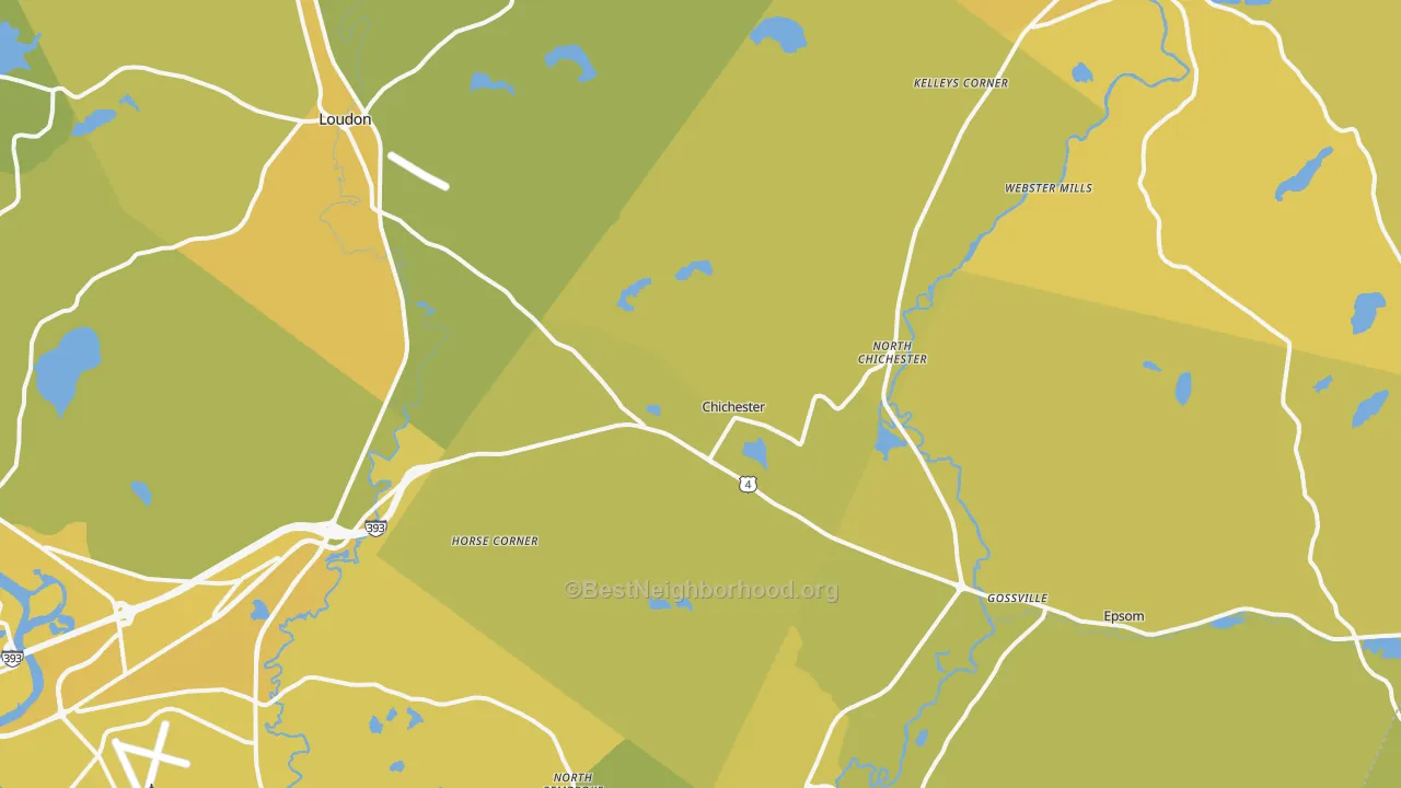 Map of the best neighborhoods in the Chichester area, with better matches in green and worse matches in red