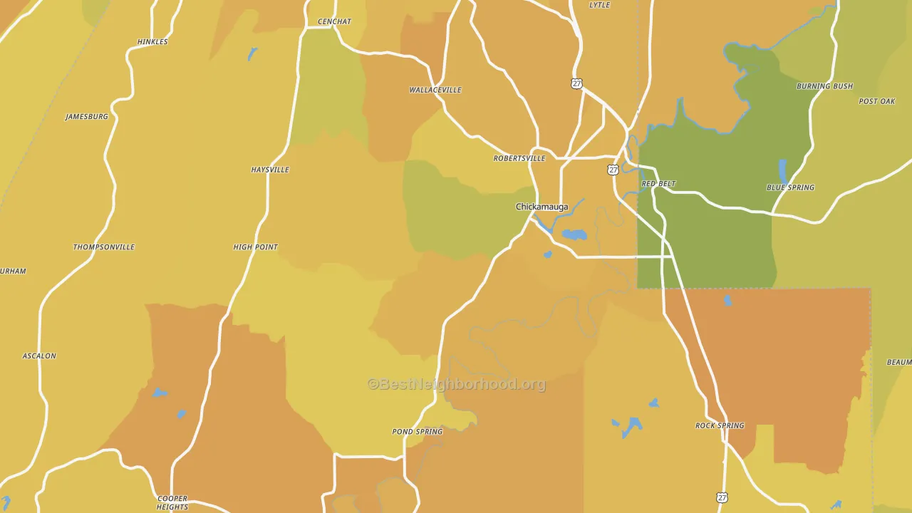 Map of the best neighborhoods in the Chickamauga area, with better matches in green and worse matches in red