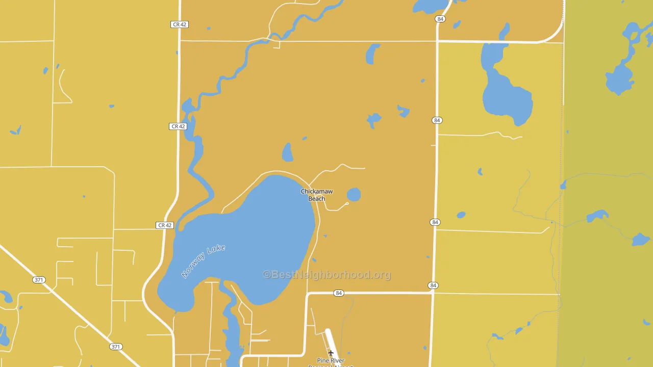 Map of the best neighborhoods in the Chickamaw Beach area, with better matches in green and worse matches in red
