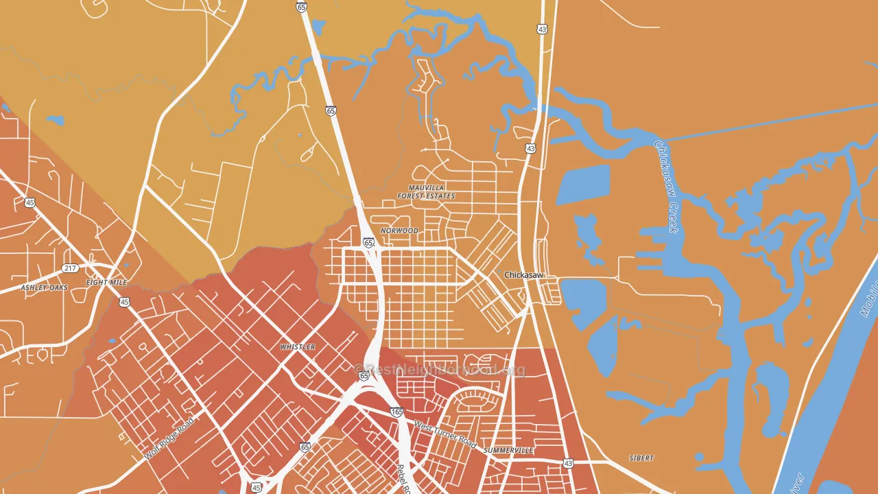 Map of the best neighborhoods in the Chickasaw area, with better matches in green and worse matches in red