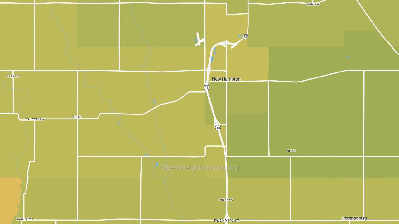 Map of the best neighborhoods in the Chickasaw County area, with better matches in green and worse matches in red