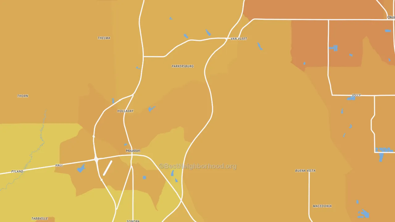 Map of the best neighborhoods in the Chickasaw County area, with better matches in green and worse matches in red