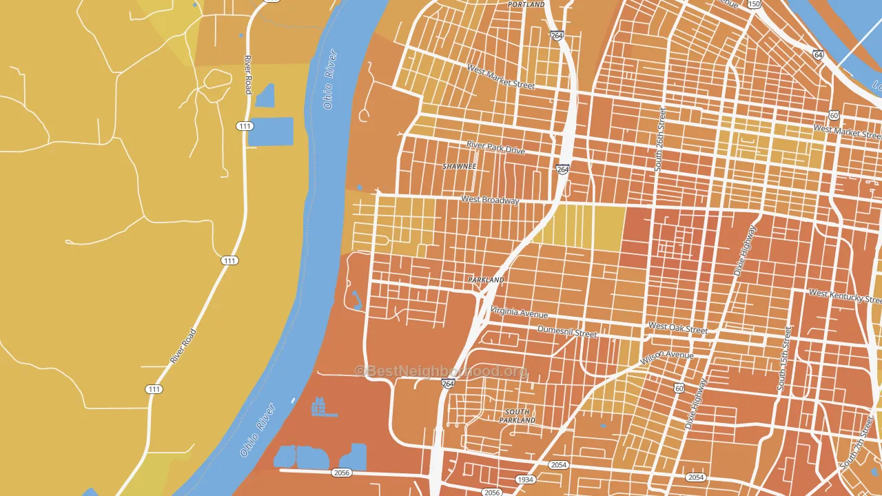 Map of the best neighborhoods in the Chickasaw, Louisville area, with better matches in green and worse matches in red