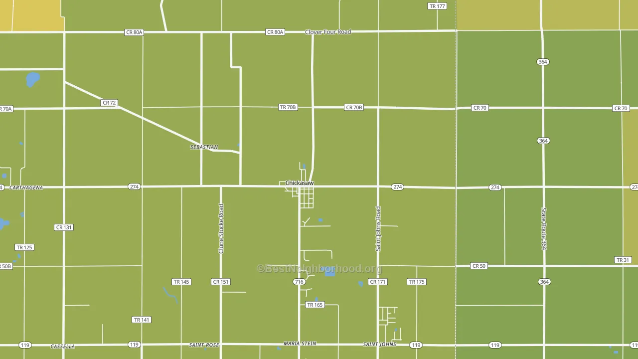 Map of the best neighborhoods in the Chickasaw area, with better matches in green and worse matches in red