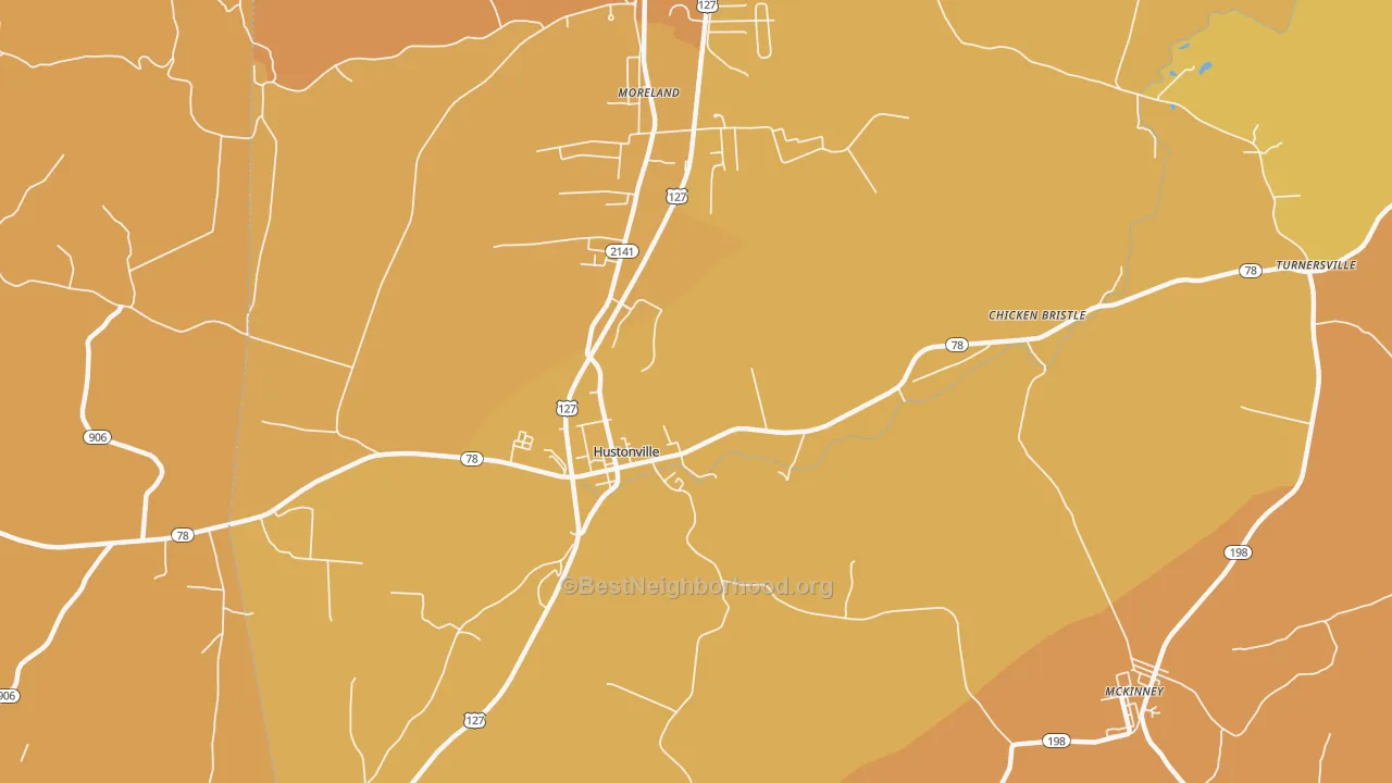 Map of the best neighborhoods in the Chicken Bristle area, with better matches in green and worse matches in red