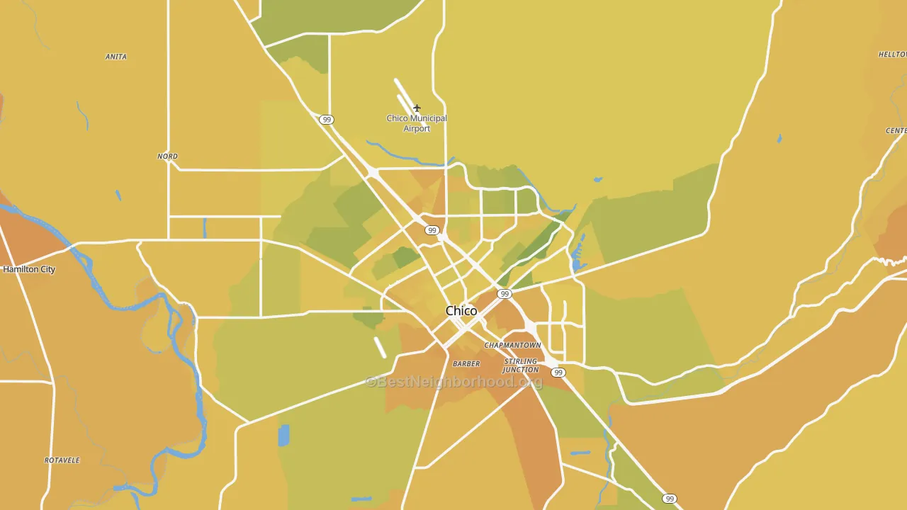 Map of the best neighborhoods in the Chico Metro area, with better matches in green and worse matches in red