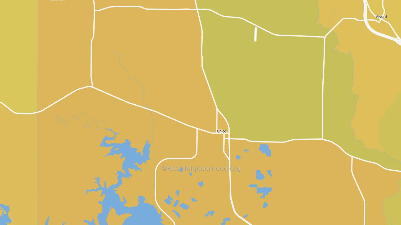 Map of the best neighborhoods in the Chico area, with better matches in green and worse matches in red