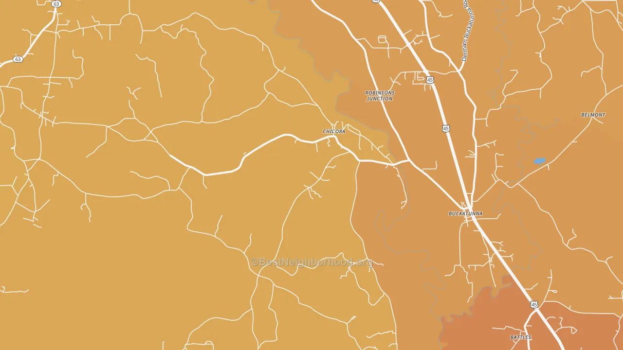 Map of the best neighborhoods in the Chicora area, with better matches in green and worse matches in red