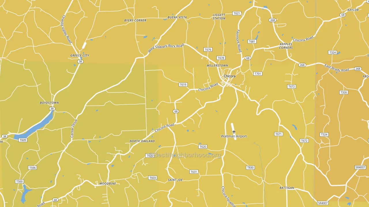 Map of the best neighborhoods in the Chicora area, with better matches in green and worse matches in red
