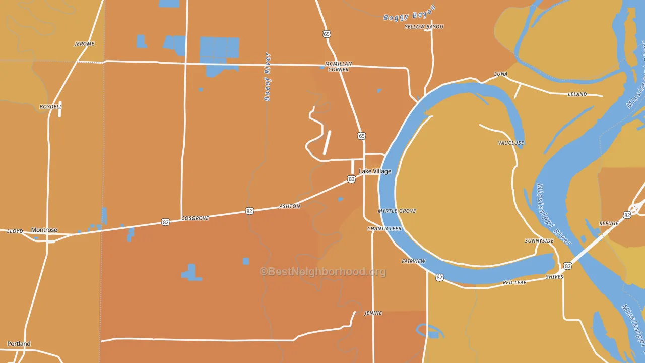 Map of the best neighborhoods in the Chicot County area, with better matches in green and worse matches in red