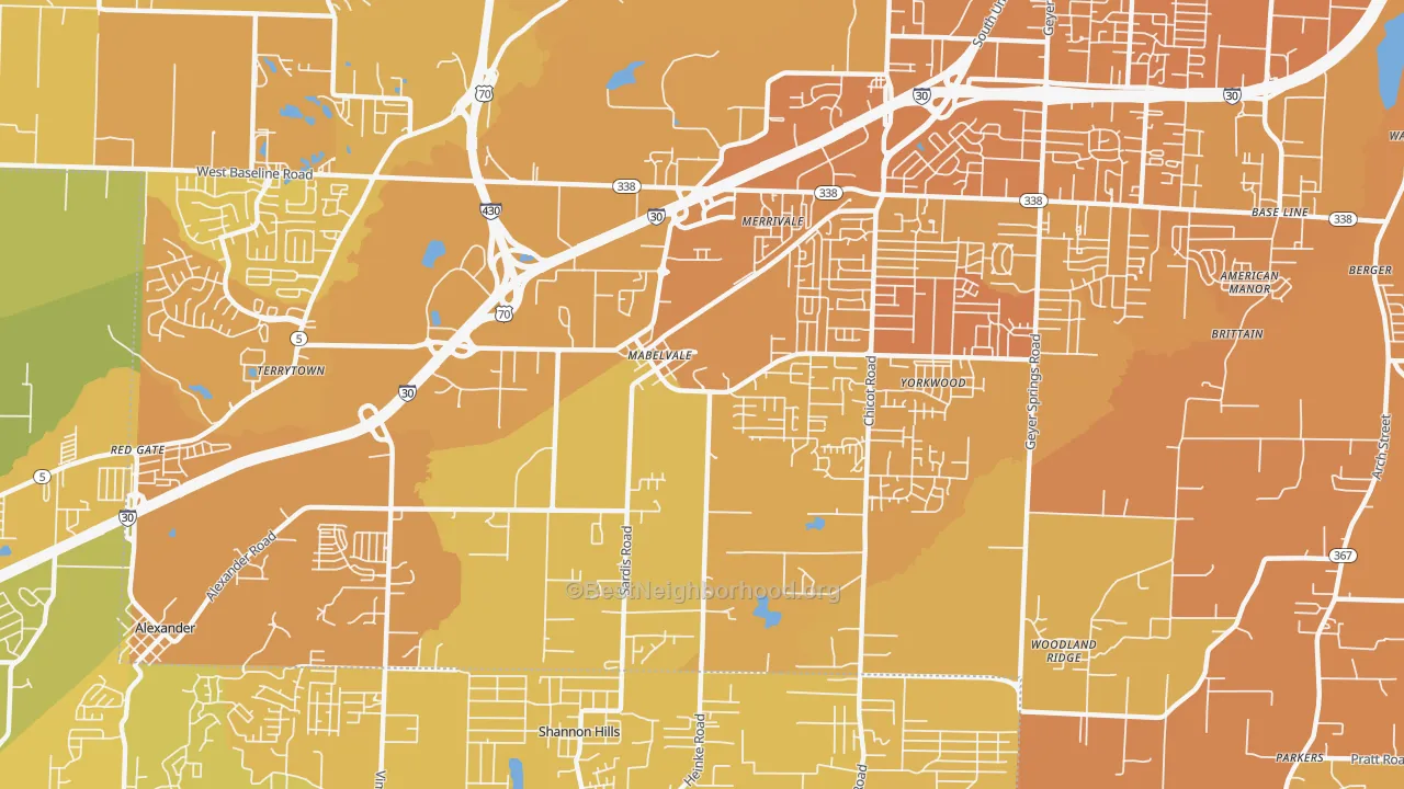 Map of the best neighborhoods in the Chicot West, Little Rock area, with better matches in green and worse matches in red