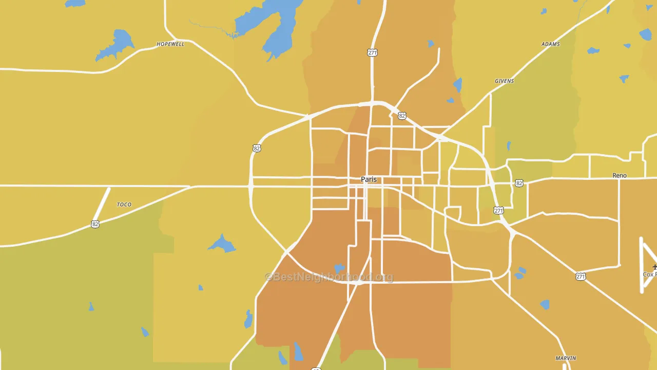 Map of the best neighborhoods in the Chicota area, with better matches in green and worse matches in red