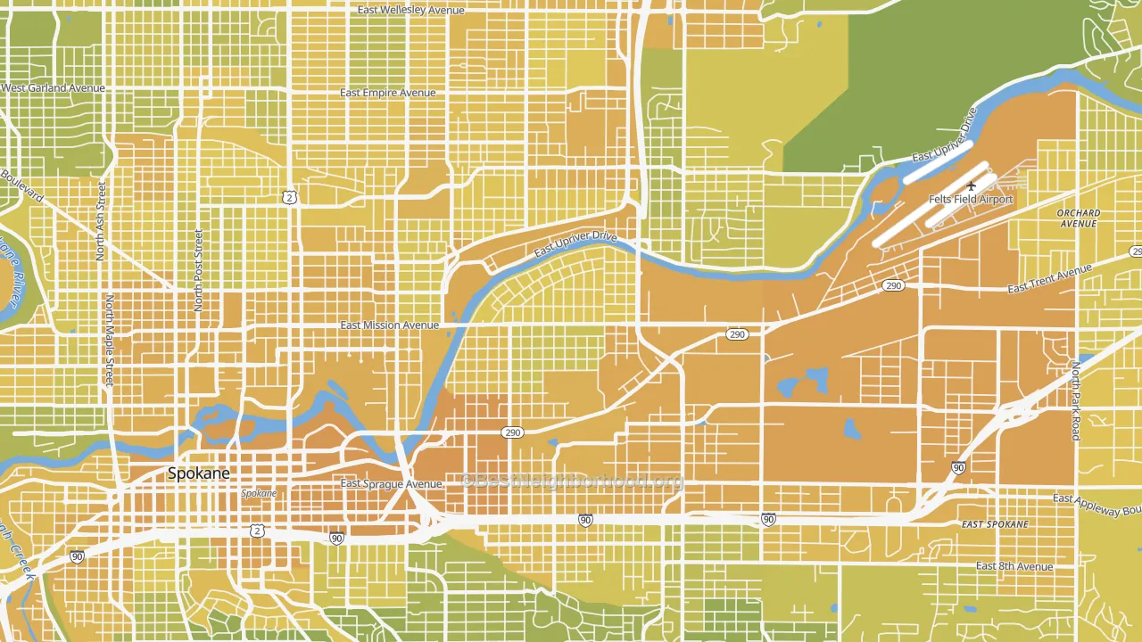 Map of the best neighborhoods in the Chief Garry Park, Spokane area, with better matches in green and worse matches in red