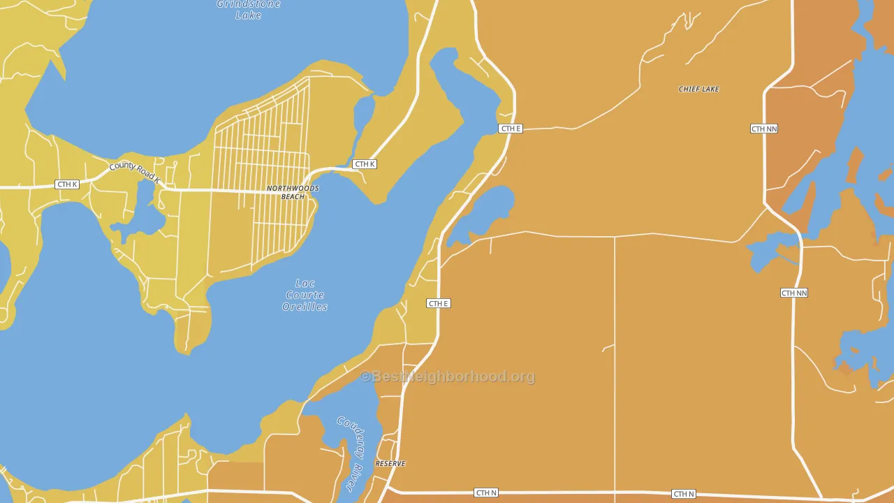 Map of the best neighborhoods in the Chief Lake area, with better matches in green and worse matches in red