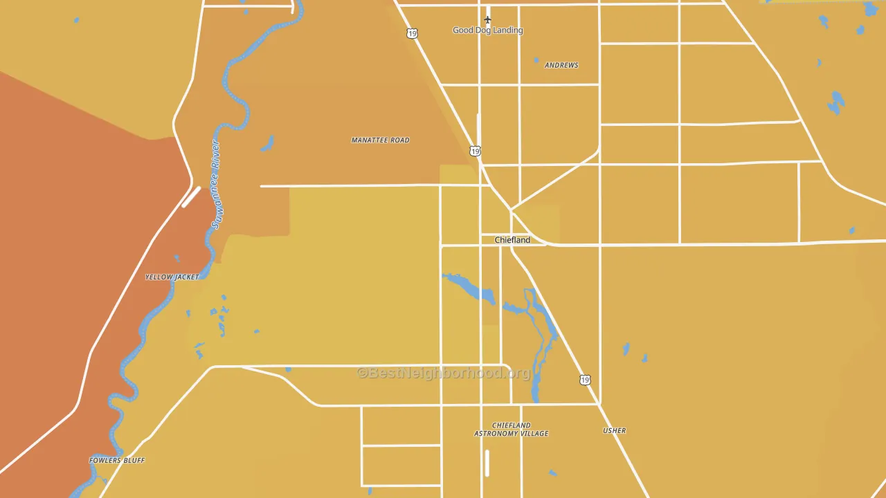 Map of the best neighborhoods in the Chiefland area, with better matches in green and worse matches in red