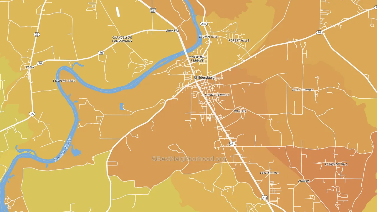 Map of the best neighborhoods in the Childersburg area, with better matches in green and worse matches in red