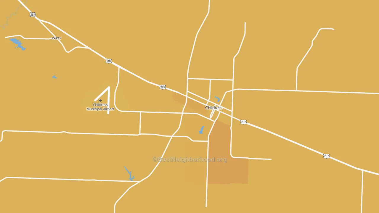 Map of the best neighborhoods in the Childress County area, with better matches in green and worse matches in red