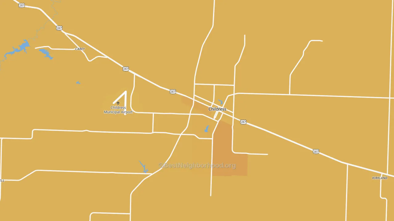 Map of the best neighborhoods in the Childress area, with better matches in green and worse matches in red