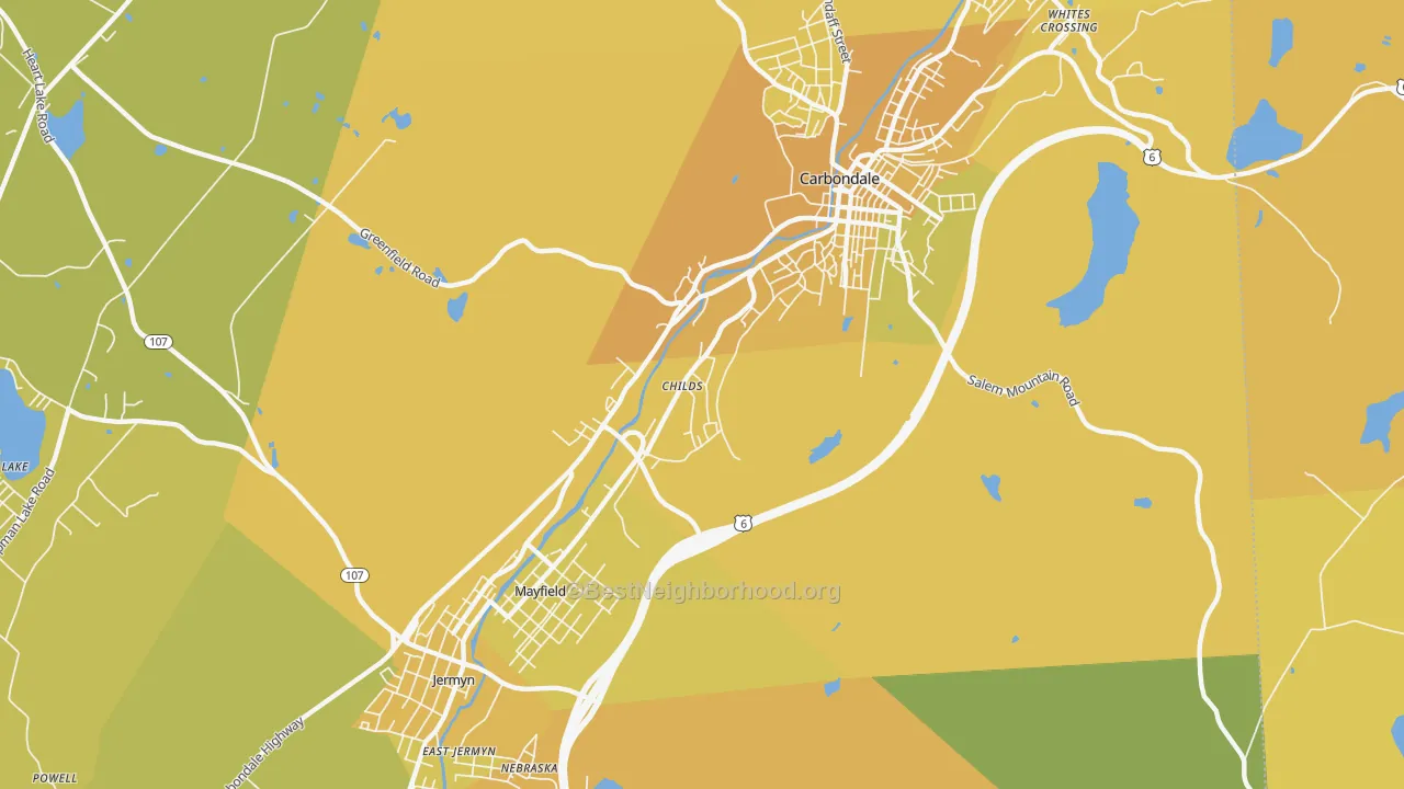Map of the best neighborhoods in the Childs area, with better matches in green and worse matches in red