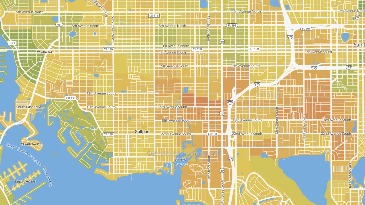 Map of the best neighborhoods in the Childs Park, St. Petersburg area, with better matches in green and worse matches in red