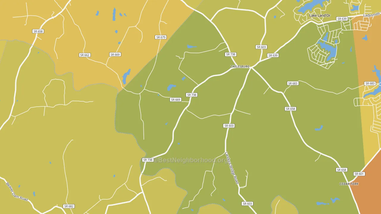 Map of the best neighborhoods in the Chilesburg area, with better matches in green and worse matches in red