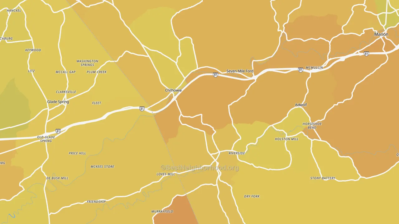 Map of the best neighborhoods in the Chilhowie area, with better matches in green and worse matches in red